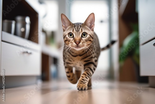Lifestyle portrait photography of a funny ocicat running against a modern kitchen setting. With generative AI technology