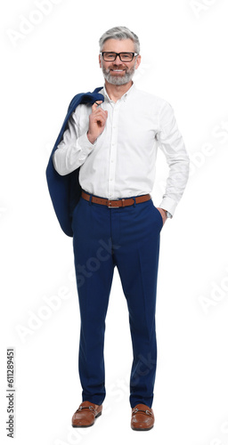 Mature businessman in stylish clothes posing on white background