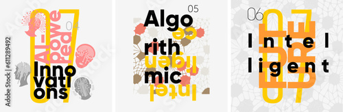 Artificial Intelligence. A set of vector illustrations. Posters with headings - AI-powered Innovations, Algorithmic Evolution, Intelligent Future.