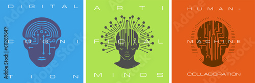 Artificial Intelligence. A set of vector illustrations. Posters with headings - Digital Cognition, Artificial Minds, Human-Machine Collaboration