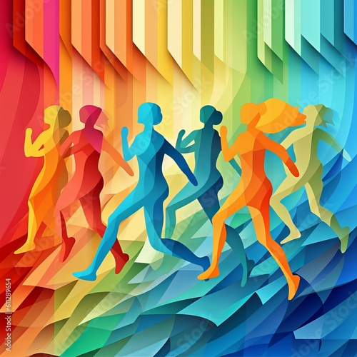 rainbow background and running women, paper style Generative AI