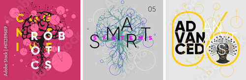 Artificial Intelligence. A set of vector illustrations. Posters with headings - Cognitive Robotics, Smart Systems, Advanced Analytics