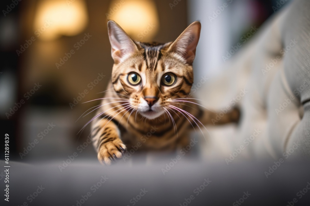 Lifestyle portrait photography of a curious bengal cat sprinting against a comfy sofa. With generative AI technology Lifestyle portrait photography of a curious bengal cat sprinting against a comfy sofa. With generative AI technology