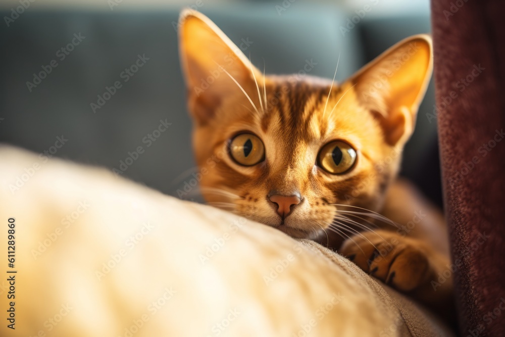 Close-up portrait photography of a curious abyssinian cat wall climbing against a comfy sofa. With generative AI technology Close-up portrait photography of a curious abyssinian cat wall climbing against a comfy sofa. With generative AI technology
