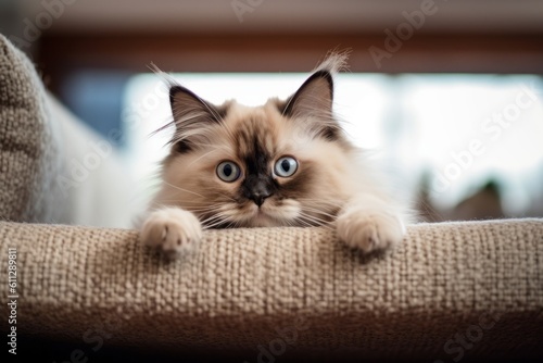 Environmental portrait photography of a cute ragdoll cat climbing against a comfy sofa. With generative AI technology