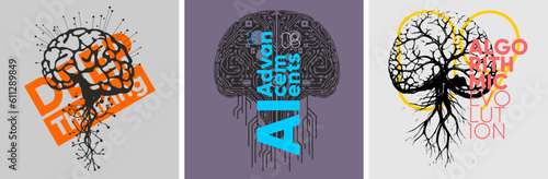 Artificial Intelligence. A set of vector illustrations. Posters with headings - Deep Thinking, AI Advancements, Algorithmic Evolution.