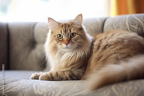 Full-length portrait photography of a curious siberian cat skulking against a comfy sofa. With generative AI technology © Markus Schröder