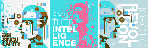 Artificial Intelligence. A set of vector illustrations. Posters with headings - Robotic Revolution, Algorithmic Evolution, Technological Singularity