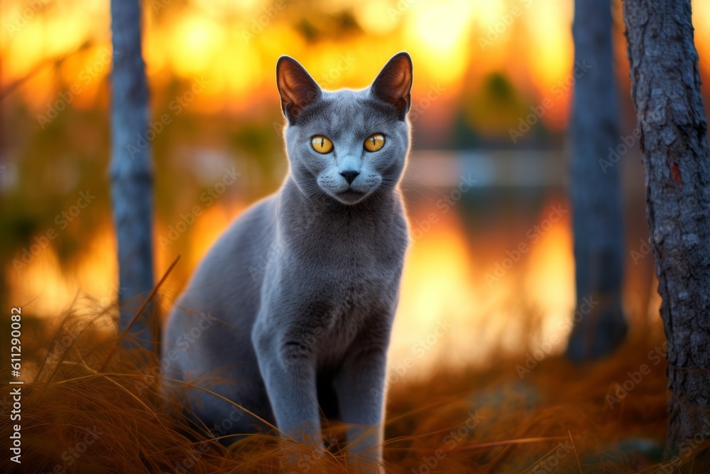 Full-length portrait photography of a cute russian blue cat crouching against a beautiful nature scene. With generative AI technology