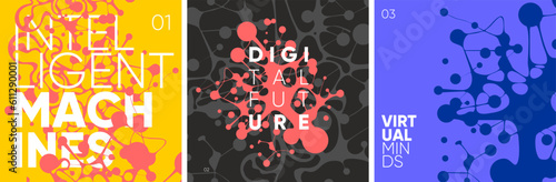 Artificial Intelligence. A set of vector illustrations. Posters with headings - Intelligent Machines, Digital Future, Virtual Minds.