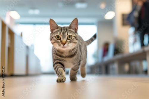 Lifestyle portrait photography of a cute american shorthair cat hopping against a stylish office space. With generative AI technology