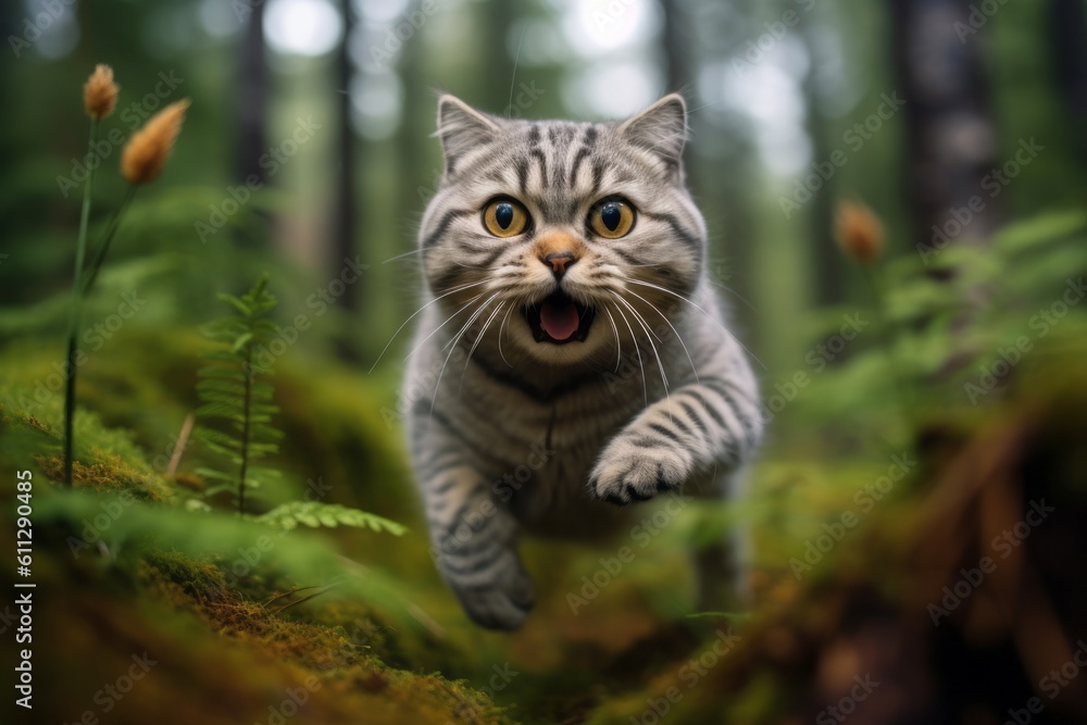 Close-up portrait photography of a smiling scottish fold cat pouncing against an enchanting forest. With generative AI technology