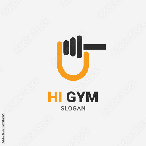 GYM OR FITNESS LOGO WITH COMBINATION OF HI FIVE SIGN AND BARBELL