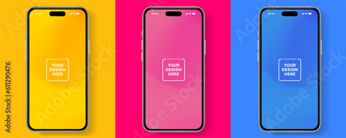 3D realistic high quality smartphone mockup with isolated background. Smart phone mockup collection. Device front view. 3D mobile phone with shadow on white background.