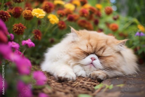 Group portrait photography of a happy persian cat sleeping against a charming garden path. With generative AI technology