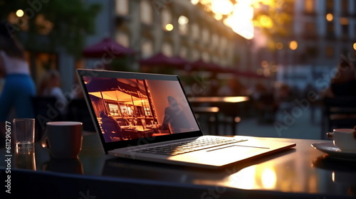 laptop on street cafe table in evening city blurred light, urban life style ,generated ai