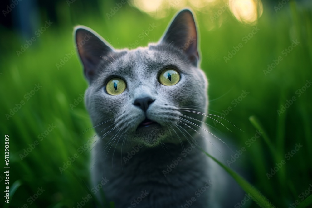 Conceptual portrait photography of a happy russian blue cat begging for food against a lush green lawn. With generative AI technology