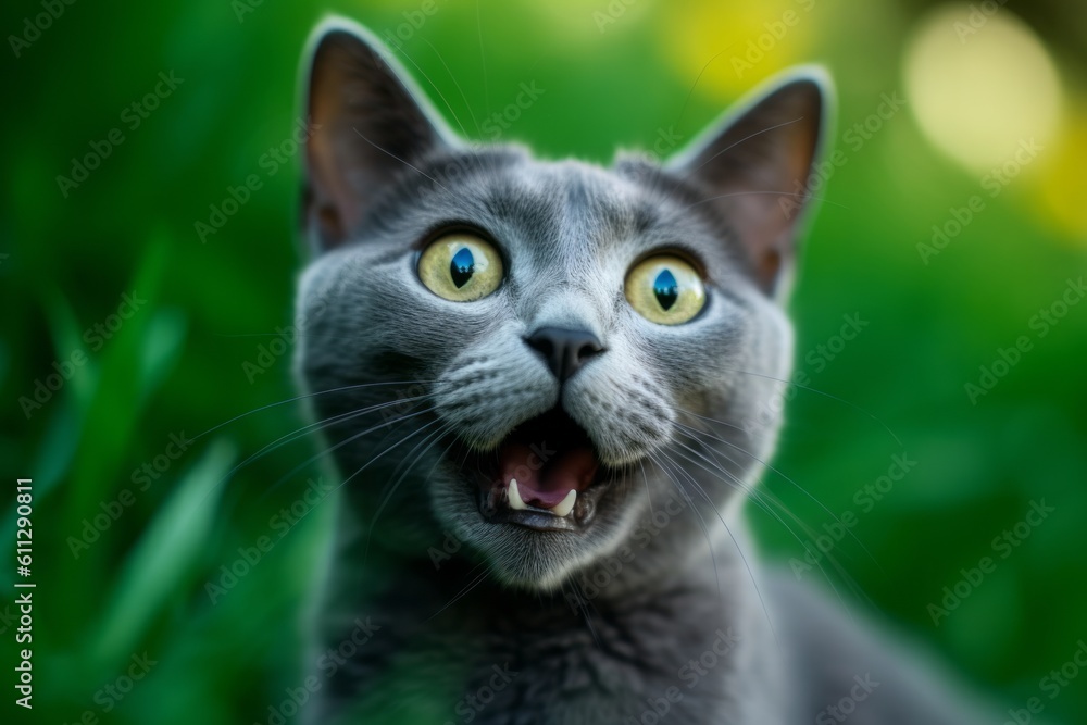 Conceptual portrait photography of a happy russian blue cat begging for food against a lush green lawn. With generative AI technology