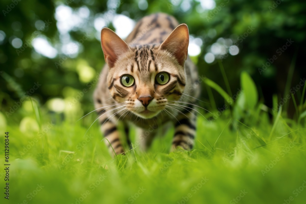 Lifestyle portrait photography of a cute ocicat hopping against a lush green lawn. With generative AI technology