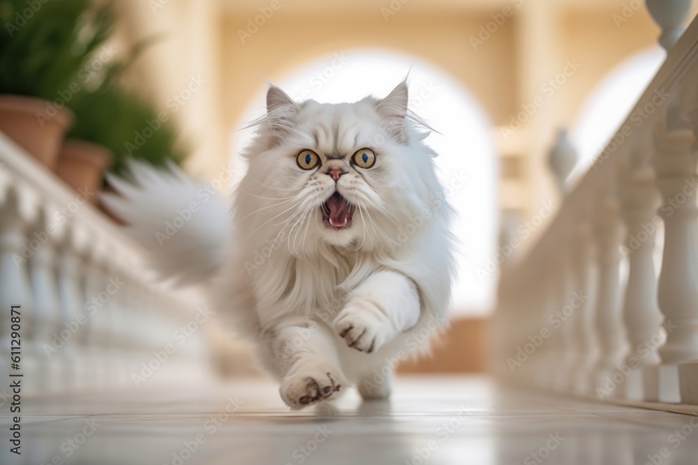 Medium shot portrait photography of a smiling persian cat running against a decorative staircase. With generative AI technology