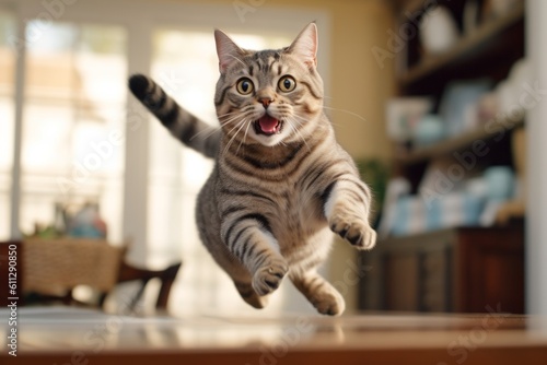 Lifestyle portrait photography of a happy american shorthair cat jumping against a chic dining room. With generative AI technology © Markus Schröder