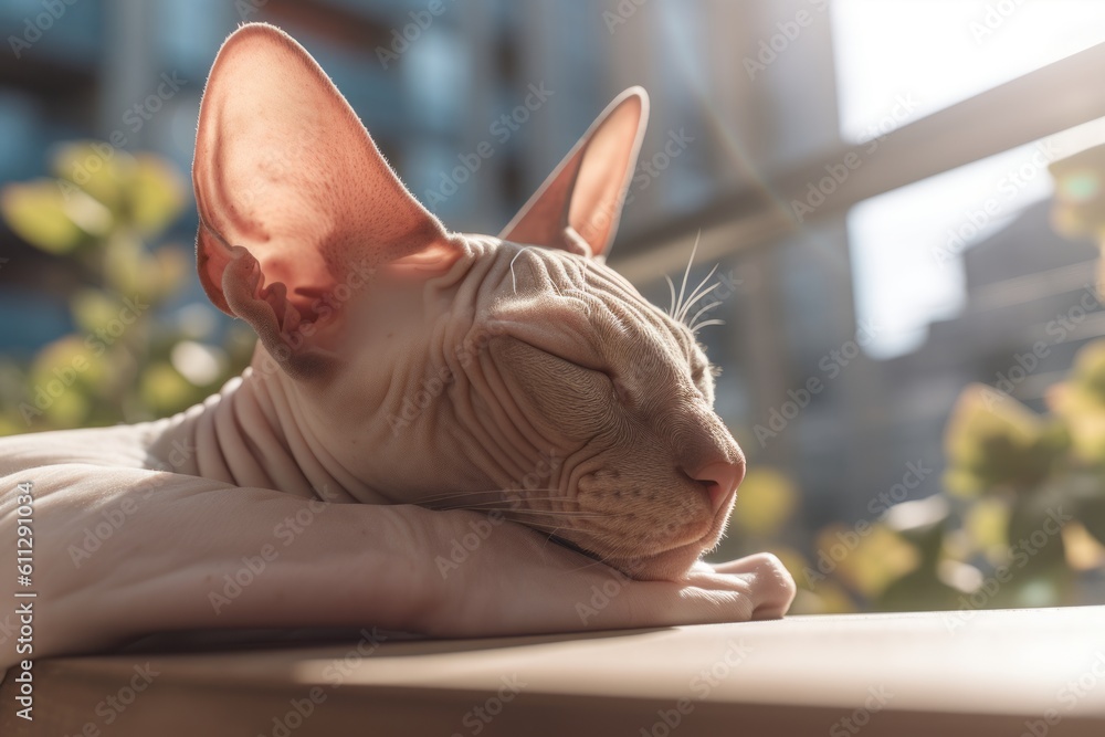 Close-up portrait photography of a curious sphynx cat sleeping against a sunny balcony. With generative AI technology