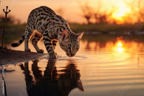 Full-length portrait photography of a smiling ocicat drinking water against a captivating sunset. With generative AI technology © Markus Schröder