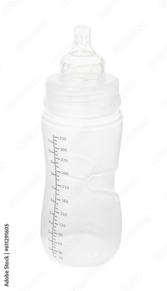 One empty feeding bottle for infant formula isolated on white One empty feeding bottle for infant formula isolated on white