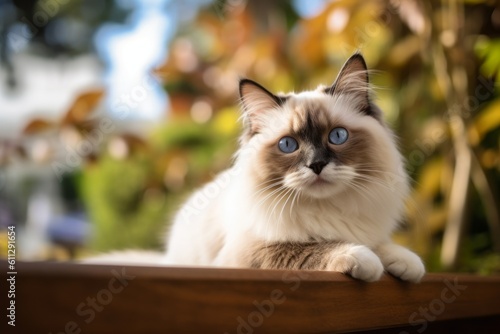Environmental portrait photography of a curious ragdoll cat playing against a picturesque park bench. With generative AI technology