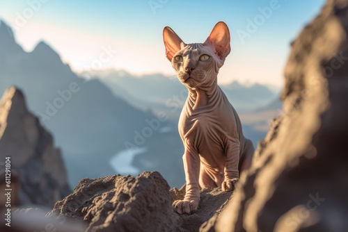 Environmental portrait photography of a cute sphynx cat scratching against a scenic mountain view. With generative AI technology