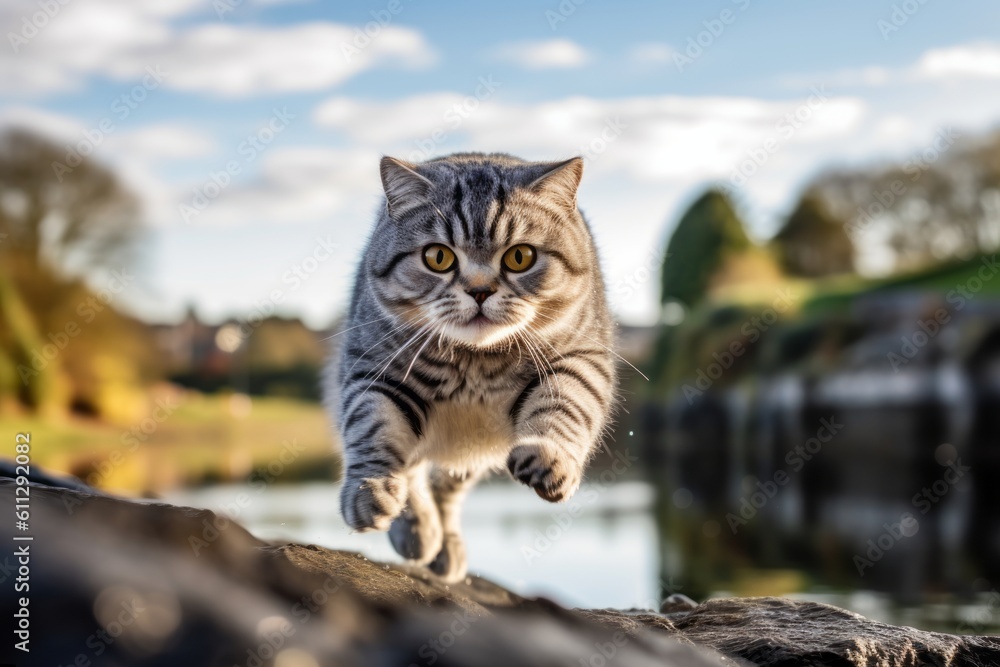 Fototapeta premium Lifestyle portrait photography of a happy scottish fold cat jumping against a peaceful riverside. With generative AI technology