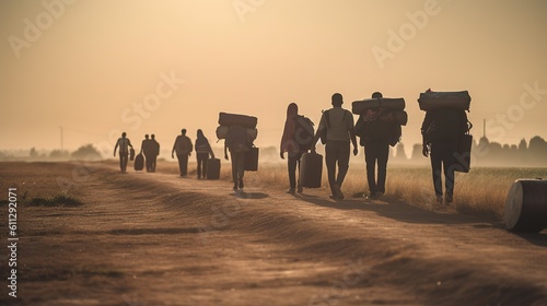 Refugees People With Luggage Walking In A Row, Generative ai