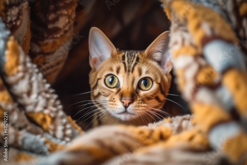 Medium shot portrait photography of a smiling bengal cat playing against a cozy blanket. With generative AI technology