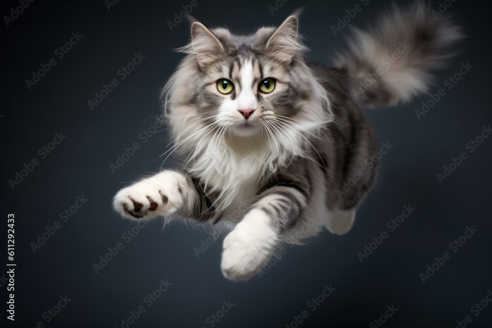 Environmental portrait photography of a curious norwegian forest cat leaping against a sophisticated studio backdrop. With generative AI technology