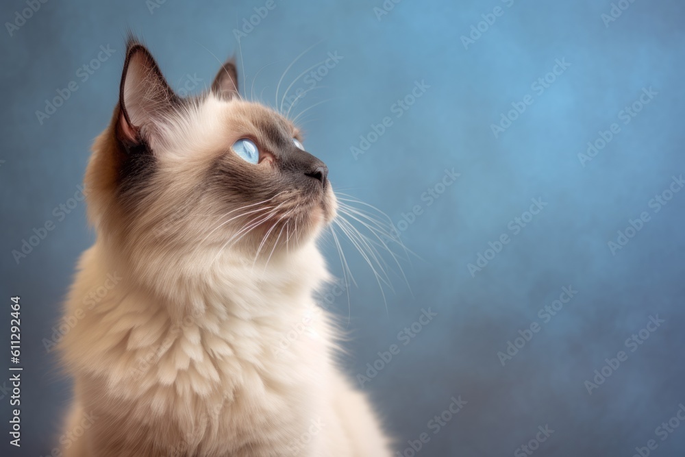 Environmental portrait photography of a curious balinese cat paw-licking against a sophisticated studio backdrop. With generative AI technology