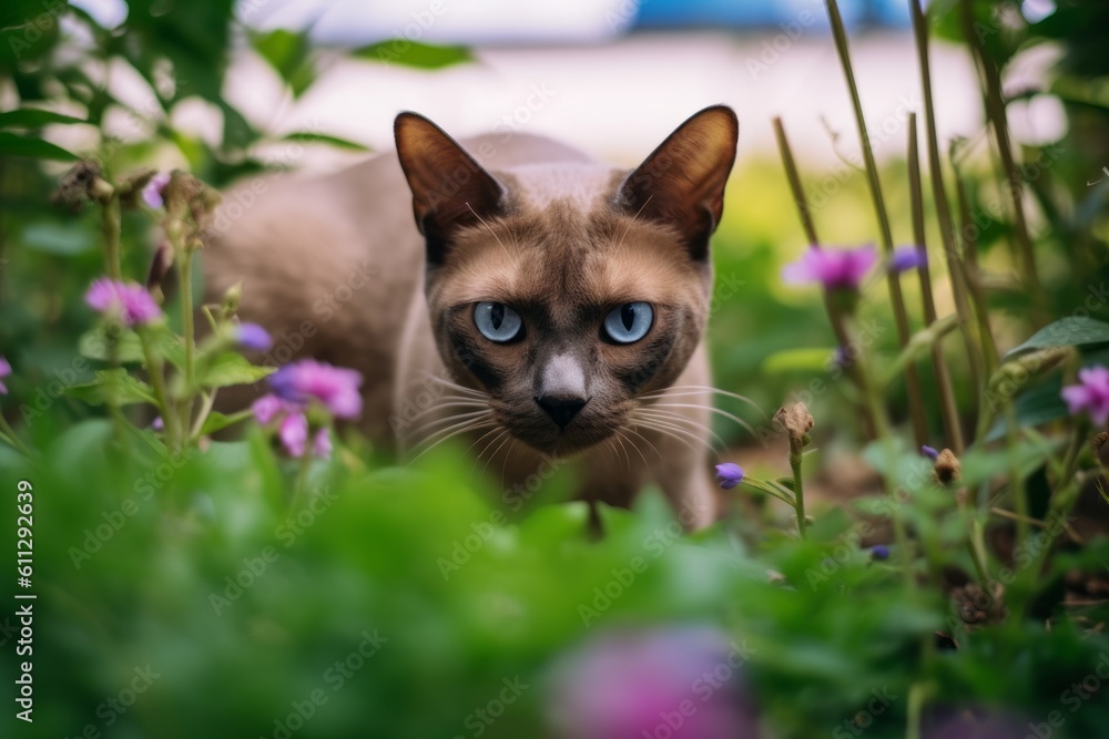 Medium shot portrait photography of a cute burmese cat exploring against a lush flowerbed. With generative AI technology