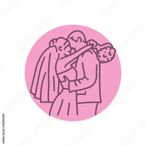 The newlyweds embrace black line icon.