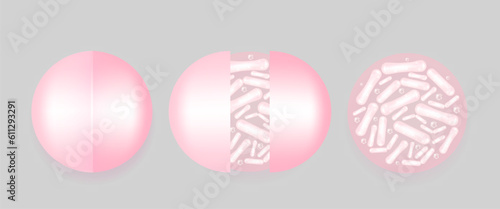 Probiotic and Hyaluronic acid skin solutions ad, pink collagen and vitamin capsule, and vitamin serum drop with cosmetic advertising background ready to use illustration vector.