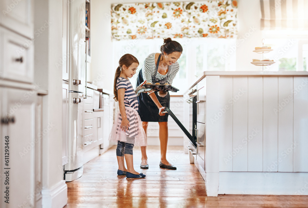 Food, mother with a girl baking and in the kitchen of their home together with a lens flare. Happy family or bonding time, bake or cook and woman with her daughter prepare meal for lunch at oven
