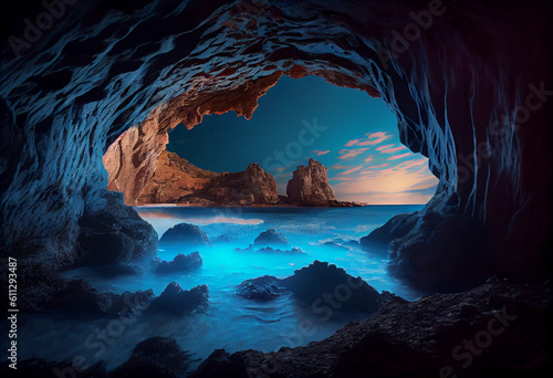a grotto with azure glowing water and a view of the sky Generative AI
