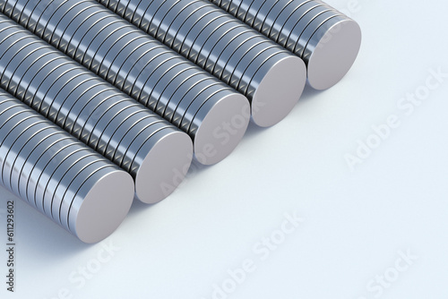 Many neodymium magnets on white background. Copy space. 3d render