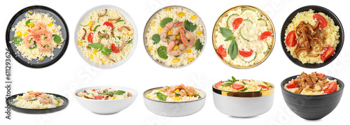 Set of delicious couscous dishes on white background, top and side views