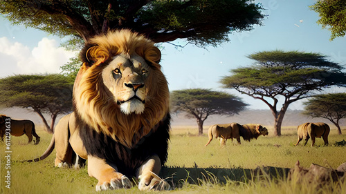 Un regale e imponente leone è sdraiato sul fianco ad osservare l'orizzonte probabilmente in cerca della prossima preda. Creato con AI. photo