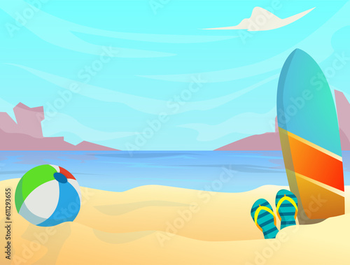 Summertime recreation illustration. Beach ball, flip flops and surfboard on sand near sea