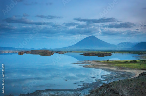 Lake Natron and sacred Masai volcano Ol Doinyo Lengai at dusk. Tanzania