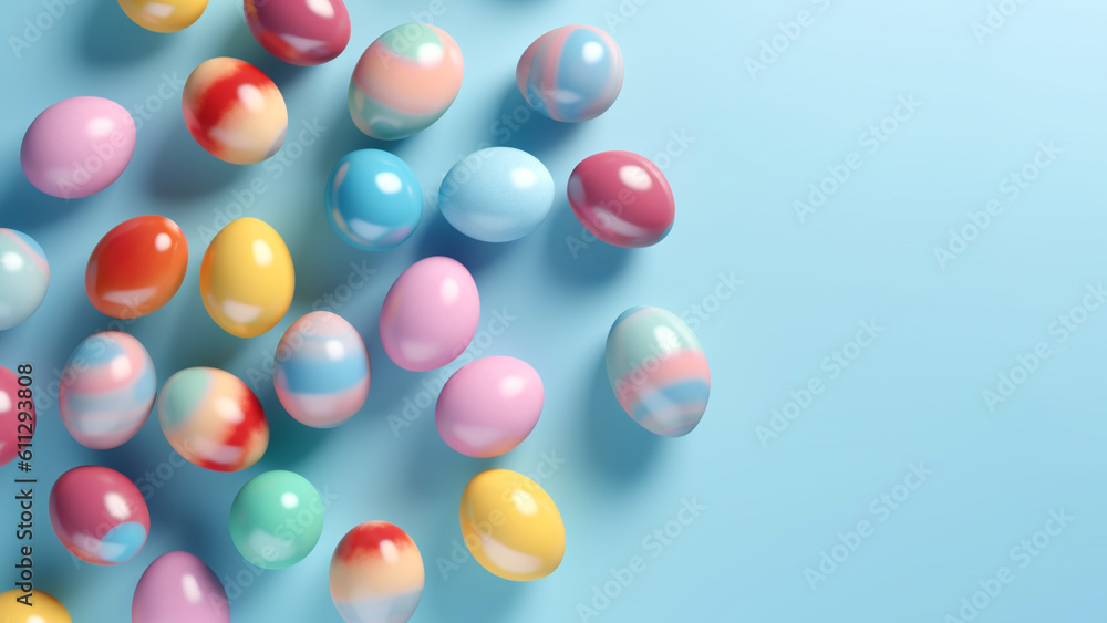 Top view of Easter eggs on a pastel background. Ai generative.