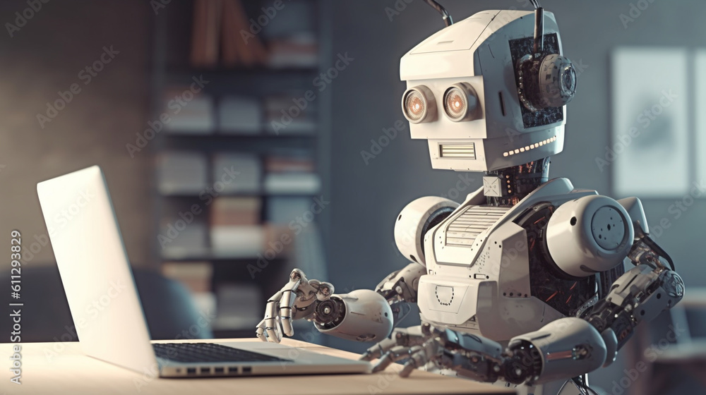 Naklejka premium Robot works in an office on a computer laptop. Ai generative.