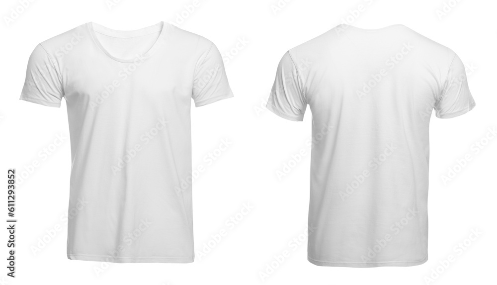 Stylish basic t-shirt on white background, front and back views. Space for design Stylish basic t-shirt on white background, front and back views. Space for design