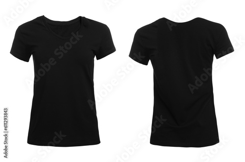 Stylish black t-shirt on white background, front and back views. Space for design