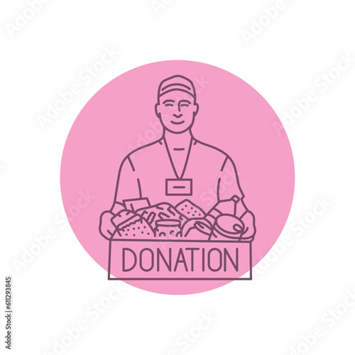 Smiling male volunteer with food in box black line icon. Pictogram for web page